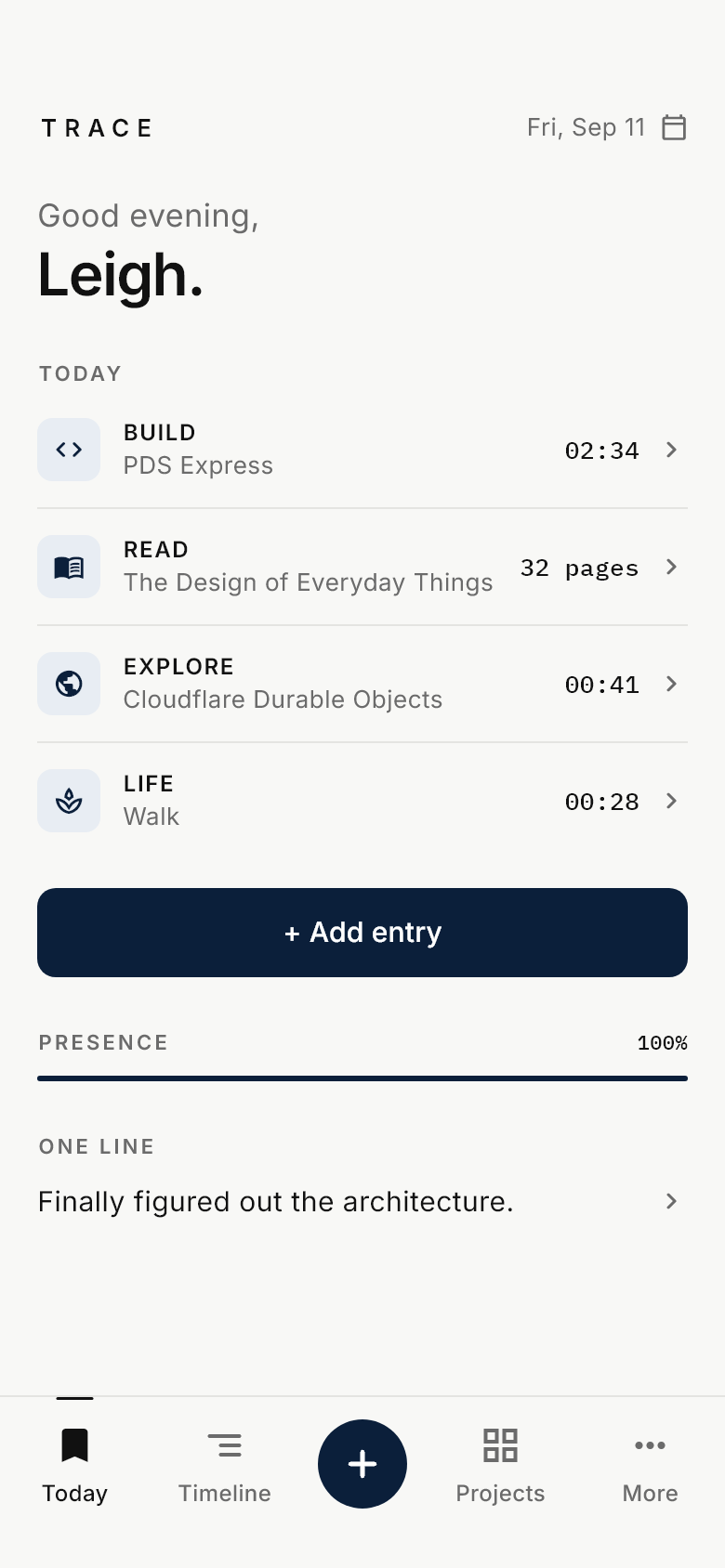 The Today screen: Build, Read, Explore and Life entries, presence, and one line about the day